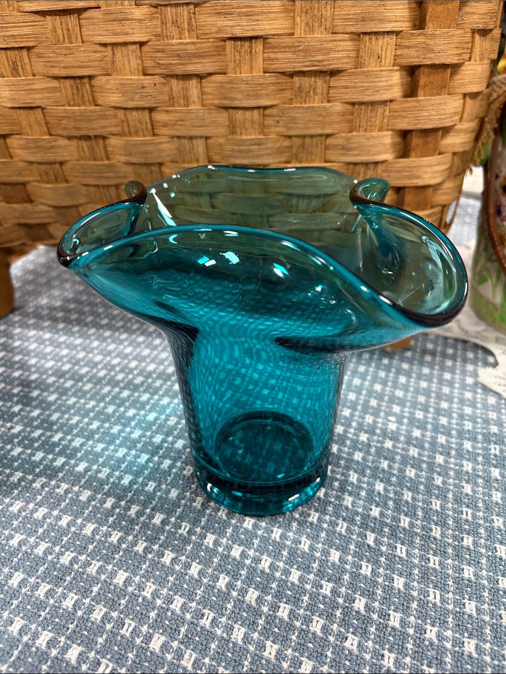 Vintage MCM Teal Hand Blown ART GLASS HANDKERCHIEF VASE